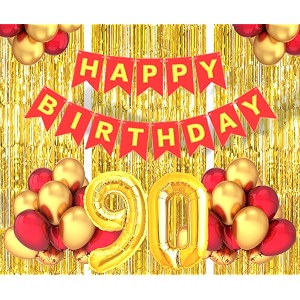 flyloons 90th birthday decoration items for girls boys husband wife valentine with gold and red balloons red happy birthday banner golden foil curtains foil balloon number 90