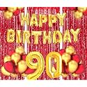 Flyloons 90th Birthday Decoration items for Girls Boys Husband Wife Valentine with Gold and Red Balloons, Golden Happy Birthday Banner, Red Foil curtains, Foil Balloon number 90