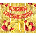 Flyloons 90th Birthday Decoration items for Girls Boys Husband Wife Valentine with Gold and Red Balloons, Red Happy Birthday Banner, Golden Foil curtains, Foil Balloon number 90