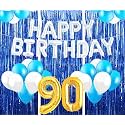 Flyloons 90th Birthday Decoration items for Girls with Blue and White Balloons, Silver Happy Birthday Banner, Blue Foil curtains, Foil Balloon number 90