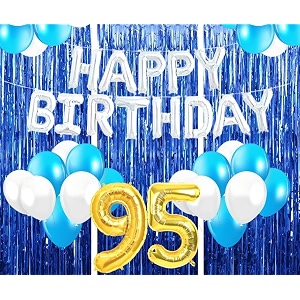 flyloons 95th birthday decoration items for girls with blue and white balloons silver happy birthday banner blue foil curtains foil balloon number 95