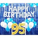 Flyloons 95th Birthday Decoration items for Girls with Blue and White Balloons, Silver Happy Birthday Banner, Blue Foil curtains, Foil Balloon number 95