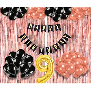 flyloons 9th birthday decoration items for girls with black and rose gold balloons black happy birthday banner rose gold foil curtain foil balloon number 9