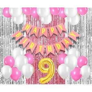 flyloons 9th birthday decoration items for girls with pink and white balloons pink happy birthday banner pink and silver foil curtain foil balloon number 9