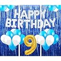 Flyloons 9th Birthday Decoration items for Girls with Blue and White Balloons, Silver Happy Birthday Banner, Blue Foil curtains, Foil Balloon number 9