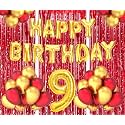 Flyloons 9th Birthday Decoration items for Girls Boys Husband Wife Valentine with Gold and Red Balloons, Golden Happy Birthday Banner, Red Foil curtains, Foil Balloon number 9