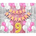 Flyloons 9th Birthday Decoration items for Girls with Pink and White Balloons, Pink Happy Birthday Banner, Pink and Silver Foil Curtain, Foil Balloon number 9