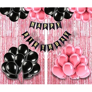 flyloons birthday decoration items for girls with black and pink balloons black happy birthday banner pink foil curtain