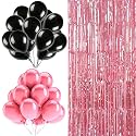 Flyloons Birthday Decoration items for Girls with Black and Pink Balloons, Pink Foil Curtain party celebration valentine