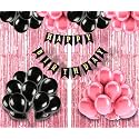 Flyloons Birthday Decoration items for Girls with Black and Pink Balloons, Black Happy Birthday Banner, Pink Foil Curtain