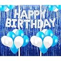 Flyloons Birthday Decoration items for Girls with Blue and White Balloons, Silver Happy Birthday Banner, Blue Foil curtains