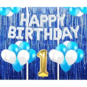 flyloons 1st birthday decoration items for girls with blue and white balloons silver happy birthday banner blue foil curtains foil balloon number 1