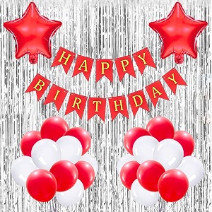 flyloons birthday decoration items for girls boys with red and white theme metallic balloons red star foil balloons silver foil curtain red banner 46 pcs