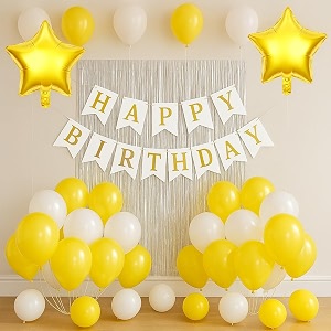 flyloons birthday decoration items for girls boys with golden and white theme metallic balloons golden star foil balloons silver foil curtain white banner