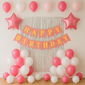 flyloons birthday decoration items for girls boys with pink and white theme metallic balloons pink star foil balloons silver foil curtain white banner