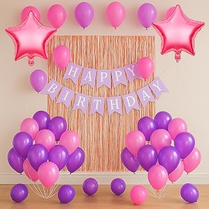 flyloons birthday decoration items for girls boys with pink and purple theme metallic balloons pink star foil balloons rose gold foil curtain purple banner