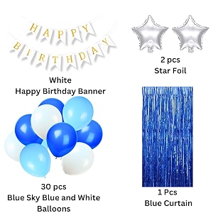 flyloons birthday decoration items for girls boys with blue and sky blue white theme metallic balloons silver star foil balloons blue foil curtain blue banner
