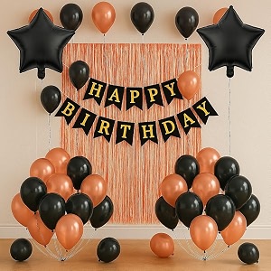 flyloons birthday decoration items for girls boys with rose gold and black theme metallic balloons star foil balloons rose gold foil curtain banner
