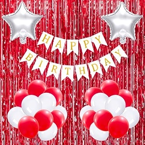 flyloons birthday decoration items for girls boys with red and white theme metallic balloons silver star foil balloons red foil curtain white banner