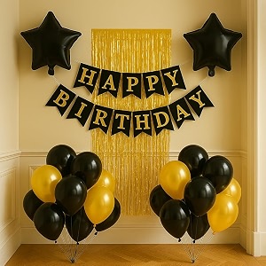 flyloons birthday decoration items for girls boys with golden and black theme metallic balloons star foil balloons golden foil curtain banner