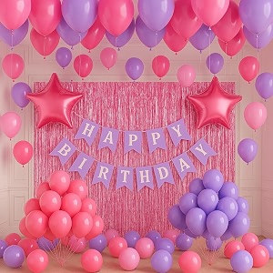 flyloons birthday decoration items for girls boys with pink and purple theme metallic balloons star foil balloons foil curtain purple banner