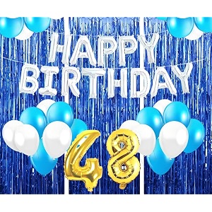 flyloons 48th birthday decoration items for girls with blue and white balloons silver happy birthday banner blue foil curtains foil balloon number 48