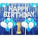 Flyloons 1st Birthday Decoration items for Girls with Blue and White Balloons, Silver Happy Birthday Banner, Blue Foil curtains, Foil Balloon number 1