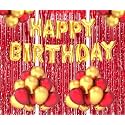 Flyloons Birthday Decoration items for Girls Boys Husband Wife Valentine with Gold and Red Balloons, Golden Happy Birthday Banner, Red Foil curtains