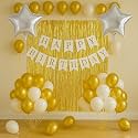 Flyloons Birthday Decoration Items for Girls Boys with Golden and White theme Metallic Balloons, Silver Star Foil Balloons, Golden Foil Curtain, White Banner