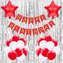 Flyloons Birthday Decoration Items For Girls Boys With Red And White Theme Metallic Balloons, Red Star Foil Balloons, Silver Foil Curtain, Red Banner, 46 Pcs