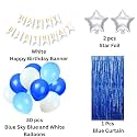 Flyloons Birthday Decoration Items for Girls Boys with Blue and Sky Blue White theme Metallic Balloons, Silver Star Foil Balloons, Blue foil curtain, Blue Banner