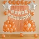 Flyloons Birthday Decoration Items for Girls Boys with Rose Gold and White theme Metallic Balloons, Silver Star Foil Balloons, Rose Gold Foil Curtain, White Banner
