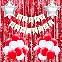 Flyloons Birthday Decoration Items for Girls Boys with Red and White theme Metallic Balloons, Silver Star Foil Balloons, Red Foil Curtain, White Banner