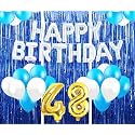 Flyloons 48th Birthday Decoration items for Girls with Blue and White Balloons, Silver Happy Birthday Banner, Blue Foil curtains, Foil Balloon number 48