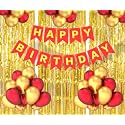 Flyloons Birthday Decoration items for Girls Boys Husband Wife Valentine with Gold and Red Balloons, Red Happy Birthday Banner, Golden Foil curtains