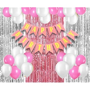 flyloons birthday decoration items for girls with pink and white balloons pink happy birthday banner pink and silver foil curtain for birthday party celebration