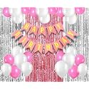Flyloons Birthday Decoration items for Girls with Pink and White Balloons, Pink Happy Birthday Banner, Pink and Silver Foil Curtain for birthday party celebration