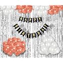 Flyloons Birthday Decoration items for Girls with Rose Gold and White Balloons, Black Happy Birthday Banner, Silver Foil Curtain