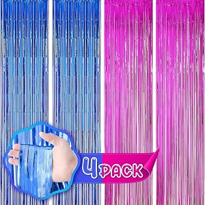 flyloons blue and pink foil curtains for birthday decoration items backdrop pack of 4 baby shower anniversary marriage bachelorette party celebration theme