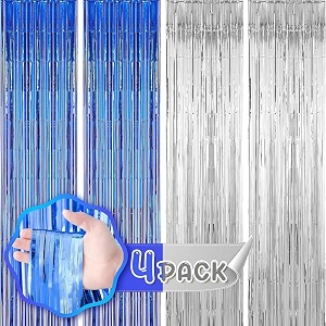 flyloons blue and silver foil curtains for birthday decoration items backdrop pack of 4 baby shower anniversary marriage bachelorette party celebration theme