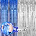 Flyloons Blue and Silver Foil Curtains for Birthday Decoration items Backdrop Pack of 4 Baby shower Anniversary, Marriage, Bachelorette Party celebration theme