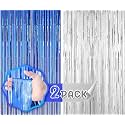 Flyloons Blue and Silver Foil Curtains for Birthday Decoration Items Backdrop Pack of 2 Baby Shower Anniversary, Marriage, Bachelorette Party Celebration Theme