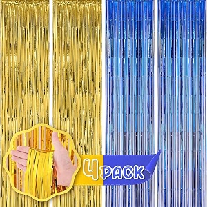 flyloons golden and blue foil curtains for birthday decoration items backdrop pack of 4 baby shower anniversary marriage bachelorette party celebration theme