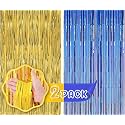 Flyloons Golden and Blue Foil Curtains for Birthday Decoration items Backdrop Pack of 2 Baby shower Anniversary, Marriage, Bachelorette Party celebration theme