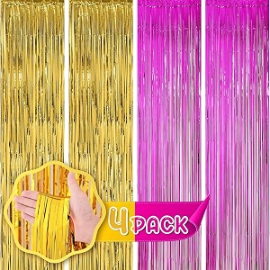 flyloons golden and pink foil curtains for birthday decoration items backdrop pack of 4 baby shower anniversary marriage bachelorette party celebration theme