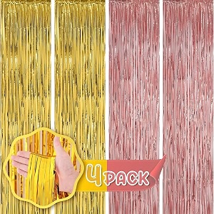flyloons golden and rose gold foil curtains for birthday decoration items backdrop pack of 4 baby shower anniversary marriage bachelorette party celebration theme