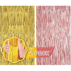 flyloons golden and rose gold foil curtains for birthday decoration items backdrop pack of 2 baby shower anniversary marriage bachelorette party celebration theme