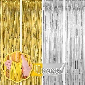 flyloons golden and silver foil curtains for birthday decoration items backdrop pack of 4 baby shower anniversary marriage bachelorette party celebration theme