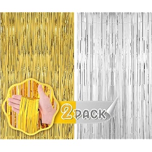 flyloons golden and silver foil curtains for birthday decoration items backdrop pack of 2 baby shower anniversary marriage bachelorette party celebration theme