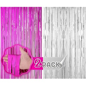 flyloons pink and silver foil curtains for birthday decoration items backdrop pack of 2 baby shower anniversary marriage bachelorette party celebration theme